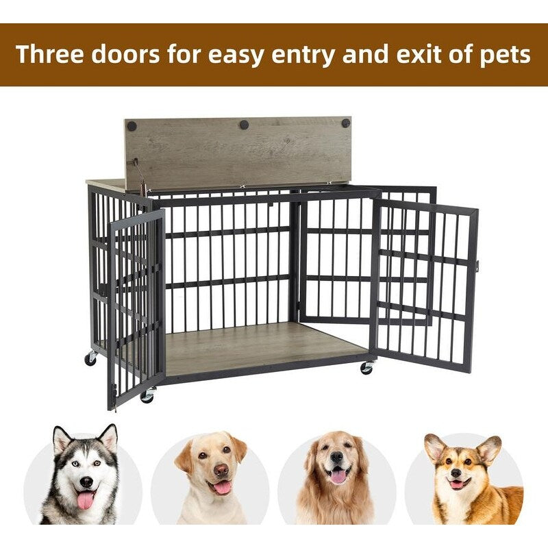 44.3 ''W Grey Furniture style dog crate wrought iron frame door with side openings