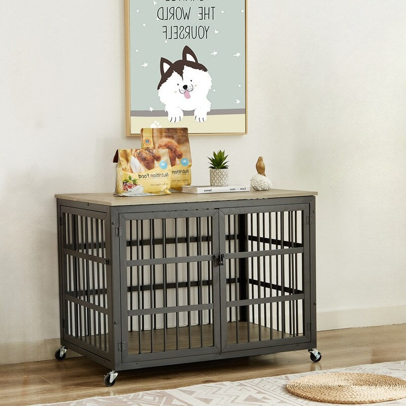 44.3 ''W Grey Furniture style dog crate wrought iron frame door with side openings