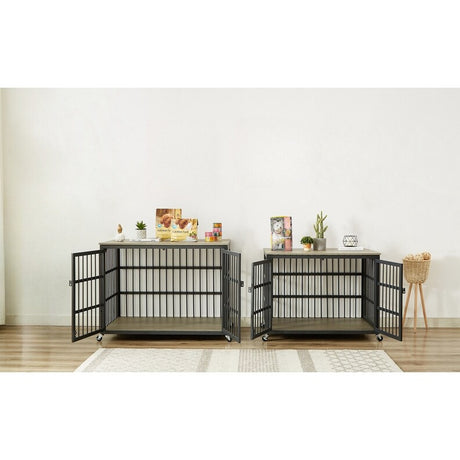 44.3 ''W Grey Furniture style dog crate wrought iron frame door with side openings