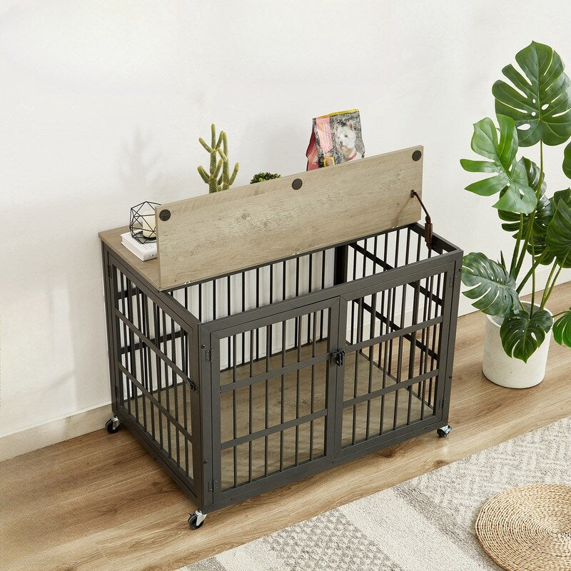 44.3 ''W Grey Furniture style dog crate wrought iron frame door with side openings