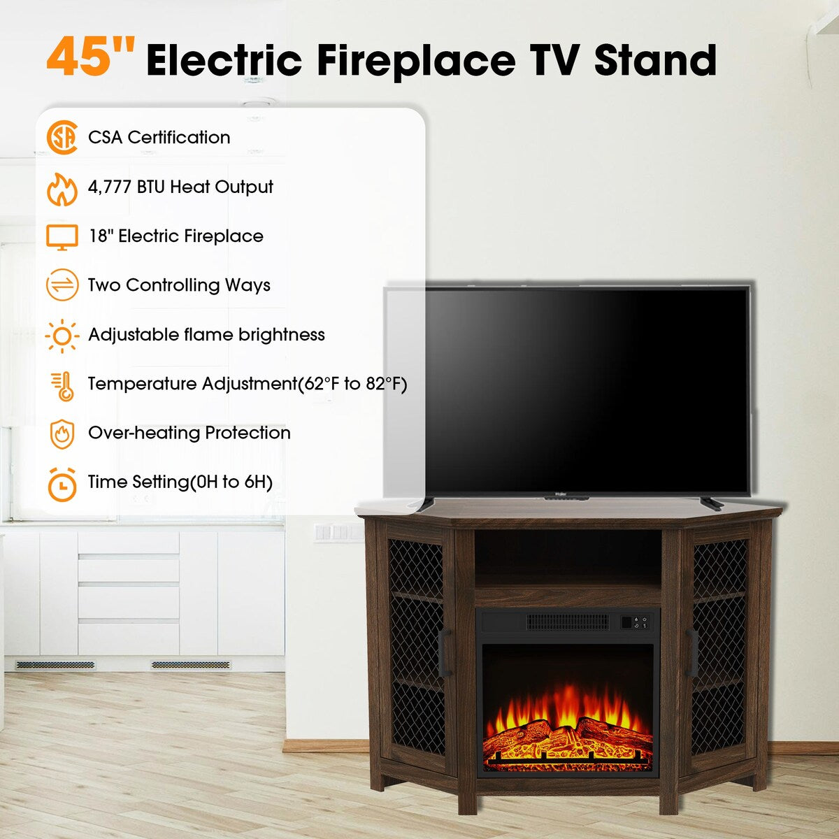 45" Industrial Corner Electric Fireplace TV Stands with 2 Metal Mesh Doors and Remote