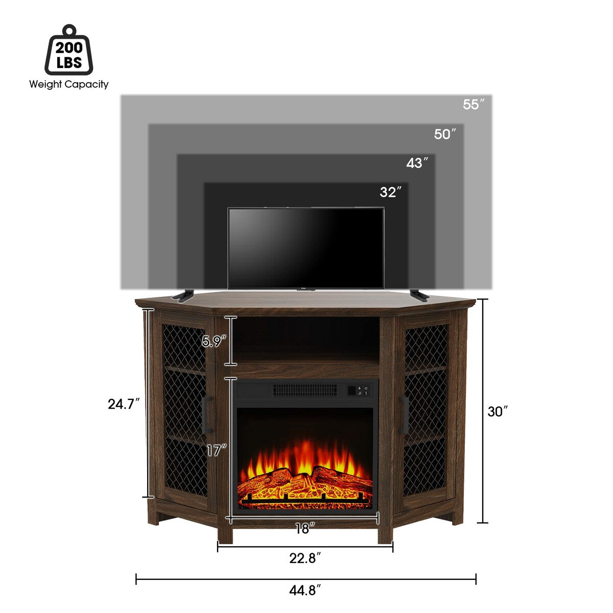 45" Industrial Corner Electric Fireplace TV Stands with 2 Metal Mesh Doors and Remote