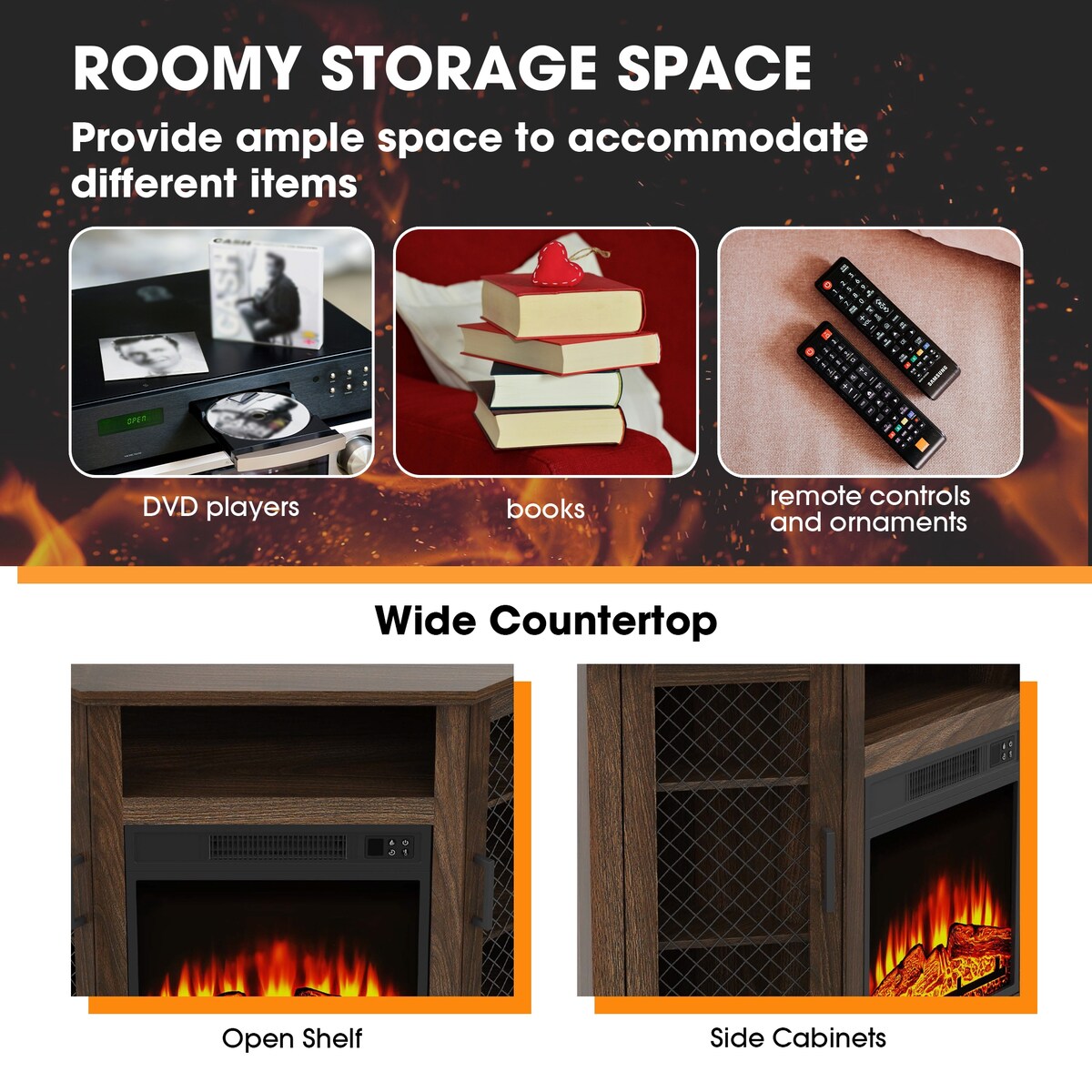 45" Industrial Corner Electric Fireplace TV Stands with 2 Metal Mesh Doors and Remote