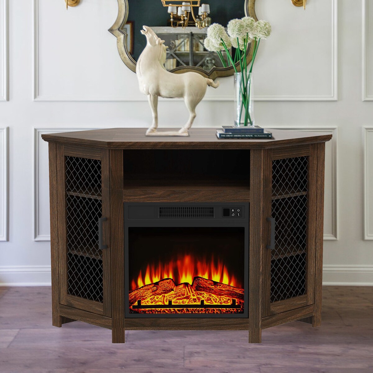 45" Industrial Corner Electric Fireplace TV Stands with 2 Metal Mesh Doors and Remote
