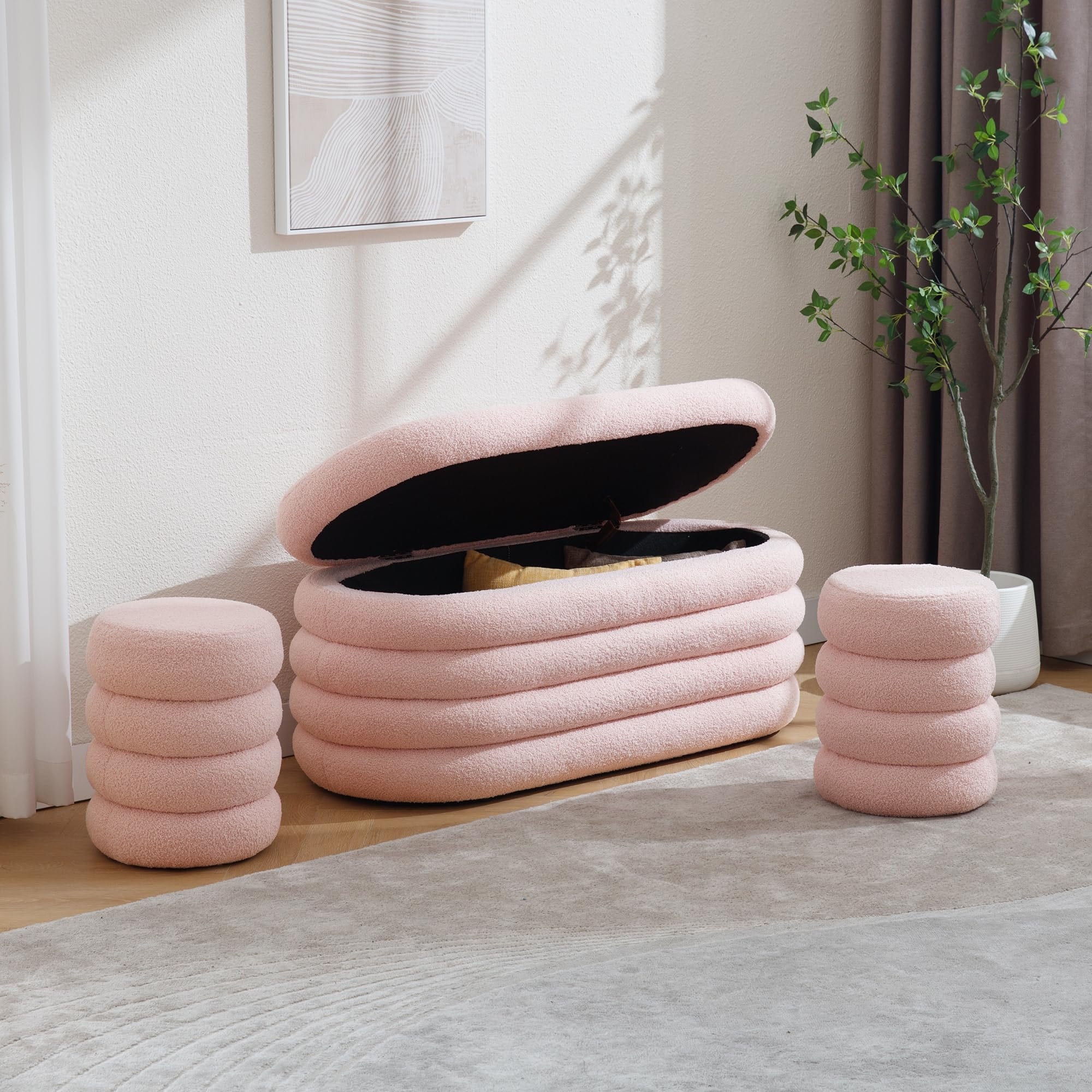 HOMYKA Oval Storage Ottoman Bench with 2 Small Stool for End HOMYKA Oval Storage Ottoman Bench with 2 Small Stool for End
