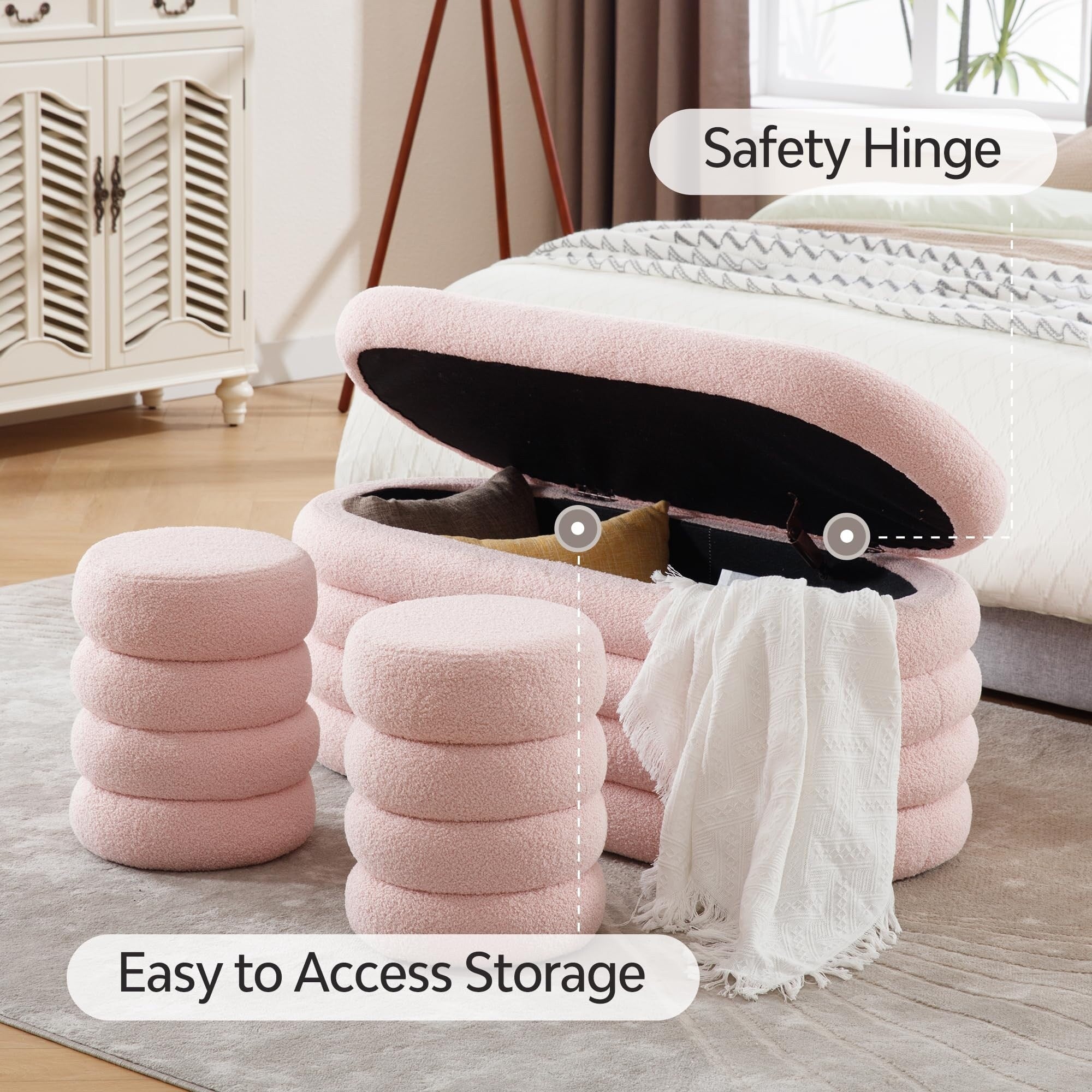 HOMYKA Oval Storage Ottoman Bench with 2 Small Stool for End HOMYKA Oval Storage Ottoman Bench with 2 Small Stool for End