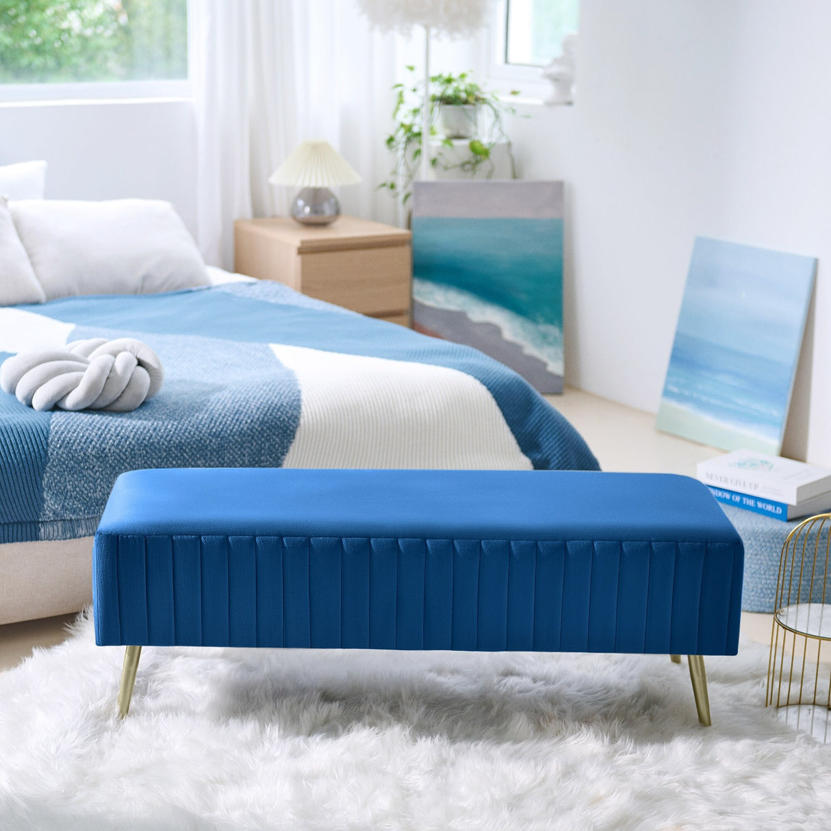 46" Modern Upholstered Bed and Entryway Bench with Padded Velvet Seat