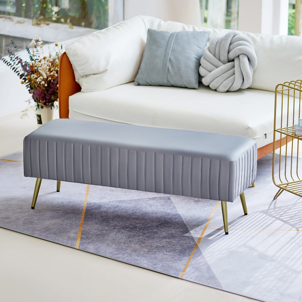 46" Modern Upholstered Bed and Entryway Bench with Padded Velvet Seat