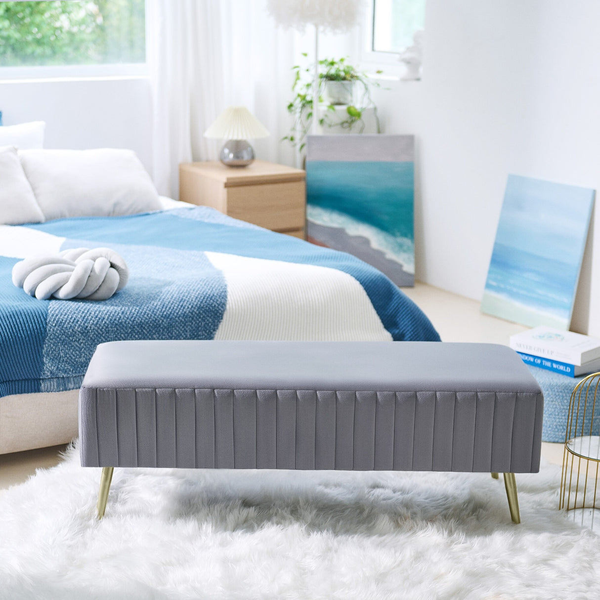 46" Modern Upholstered Bed and Entryway Bench with Padded Velvet Seat
