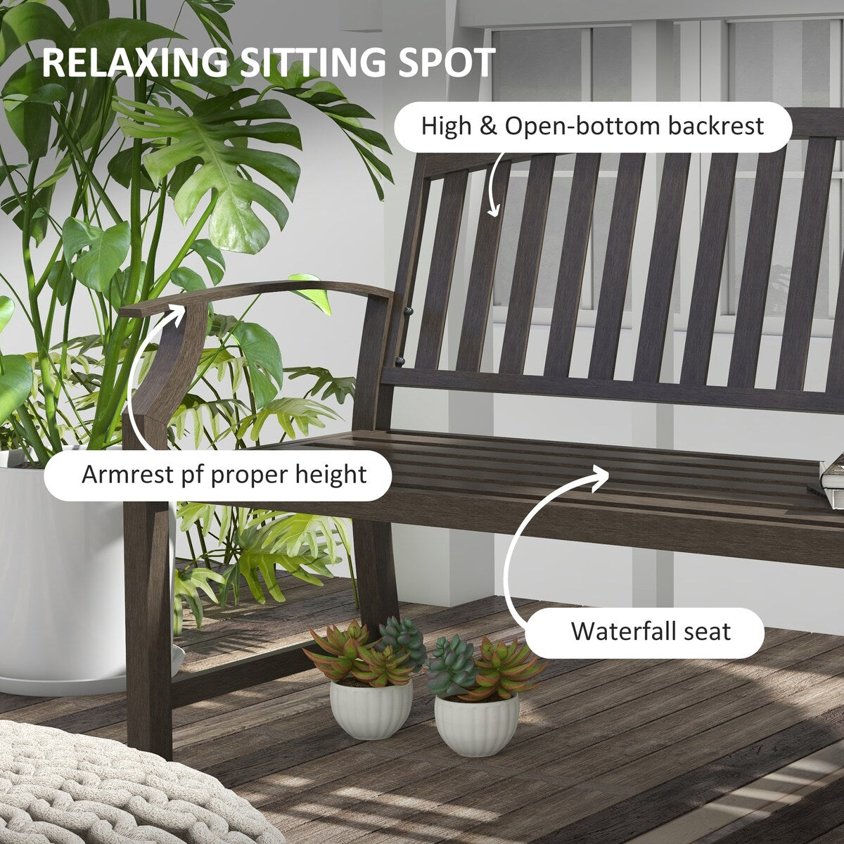 46" Outdoor Garden Bench, Metal Bench, Wood Look Slatted Frame