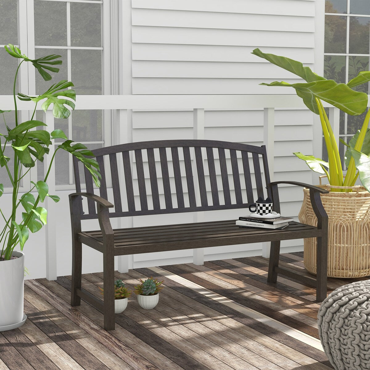 46" Outdoor Garden Bench, Metal Bench, Wood Look Slatted Frame