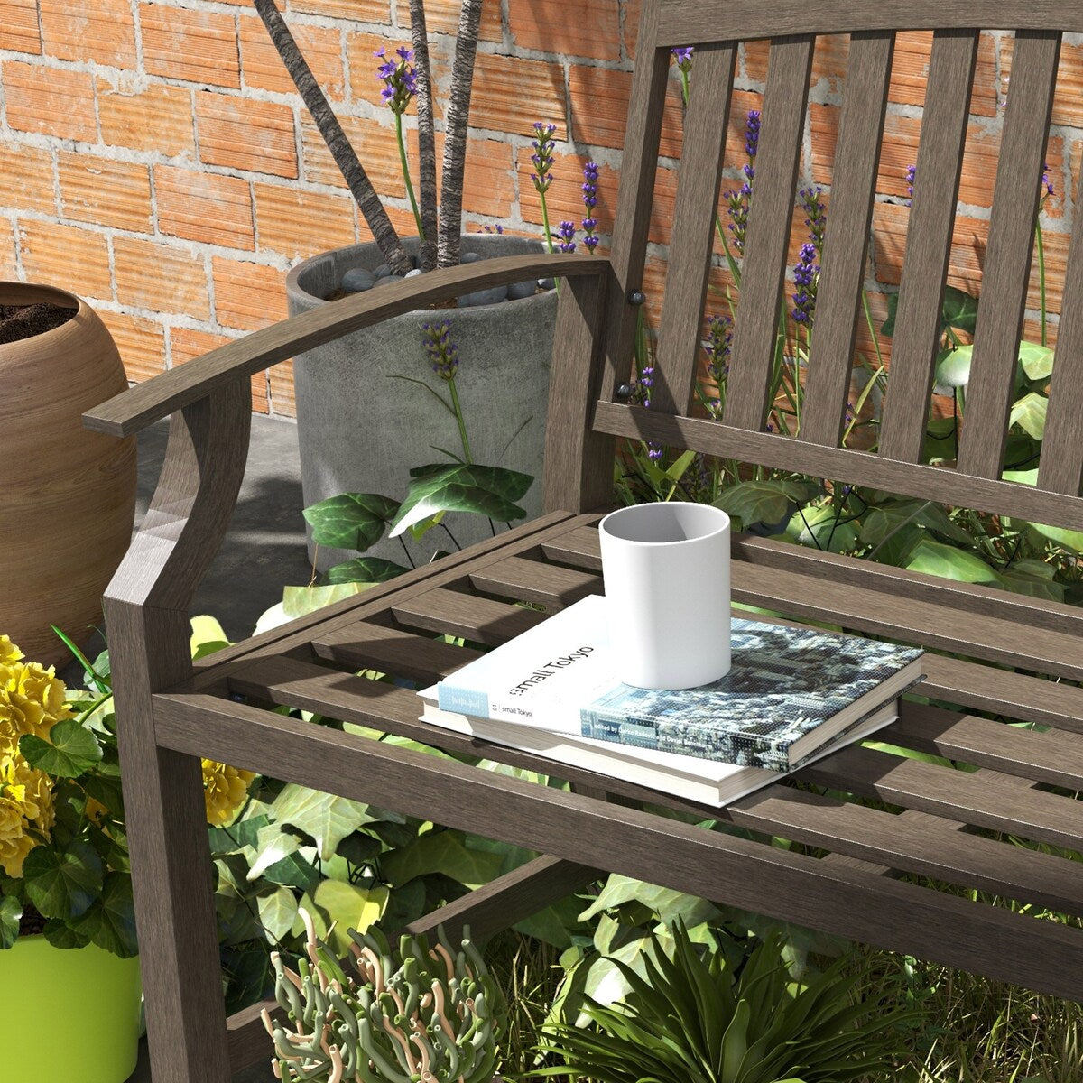46" Outdoor Garden Bench, Metal Bench, Wood Look Slatted Frame