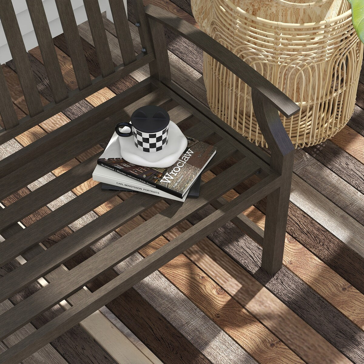 46" Outdoor Garden Bench, Metal Bench, Wood Look Slatted Frame