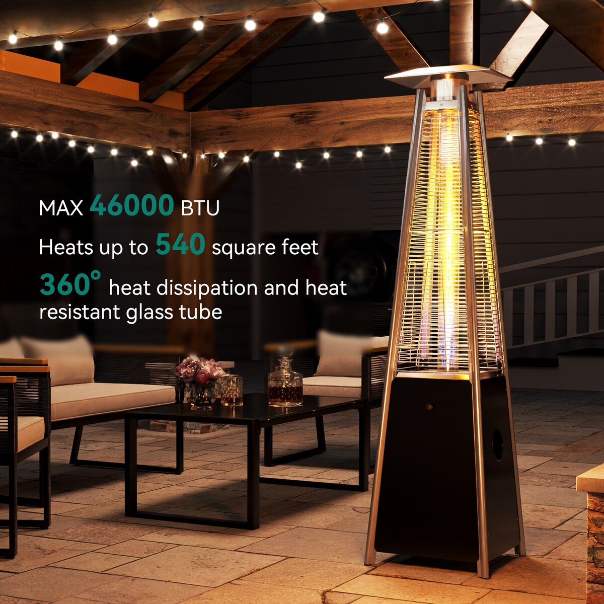 46,000 BTU Patio Outdoor Heater with Wheels & Glass Tube - 20.5"L x 20.5"W x 87"H