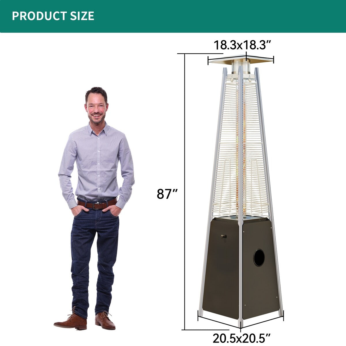 46,000 BTU Patio Outdoor Heater with Wheels & Glass Tube - 20.5"L x 20.5"W x 87"H