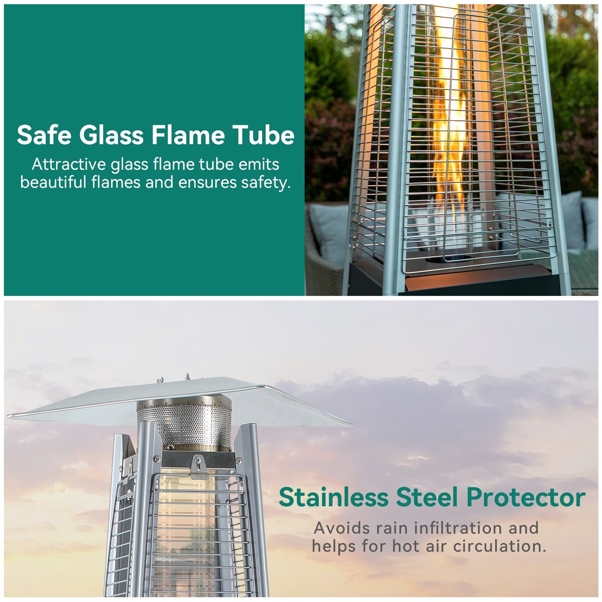 46,000 BTU Patio Outdoor Heater with Wheels & Glass Tube - 20.5"L x 20.5"W x 87"H
