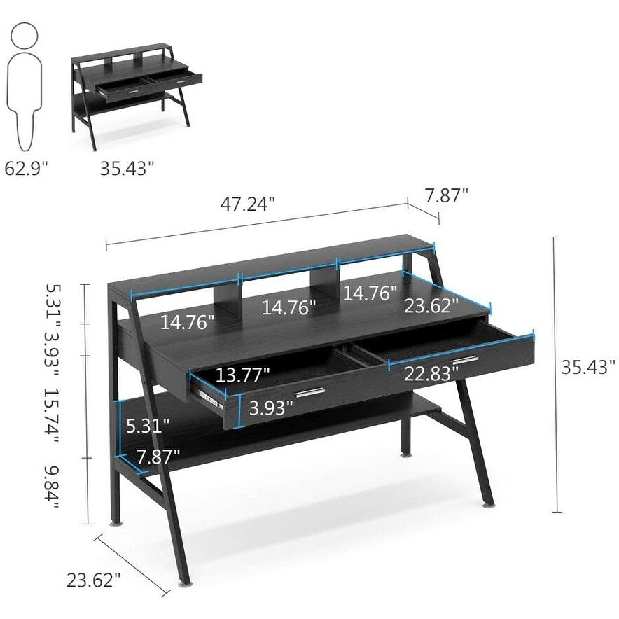 47 Inch Computer Desk with Drawers and Storage Monitor Hutch Shelf