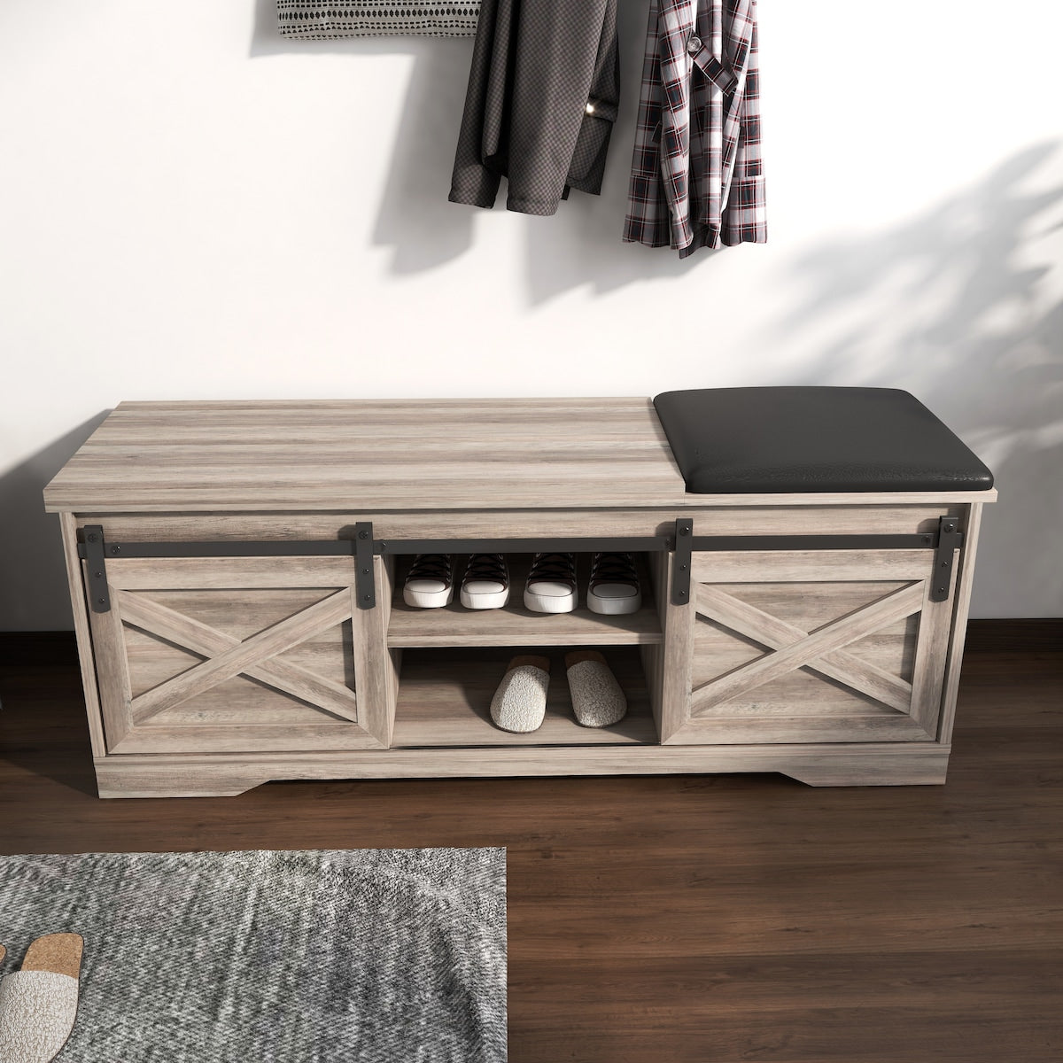 47 Inch Modern Farmhouse Sliding X Barn Door Litterbox Bench with Entry Cutout, Shoe Bench