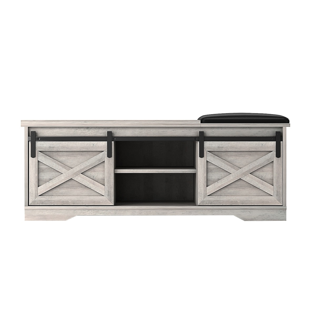 47 Inch Modern Farmhouse Sliding X Barn Door Litterbox Bench with Entry Cutout, Shoe Bench