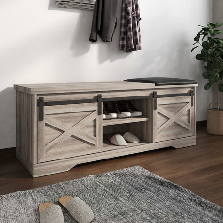 47 Inch Modern Farmhouse Sliding X Barn Door Litterbox Bench with Entry Cutout, Shoe Bench