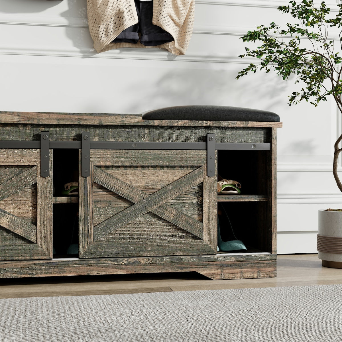 47 Inch Modern Farmhouse Sliding X Barn Door Litterbox Bench with Entry Cutout, Shoe Bench