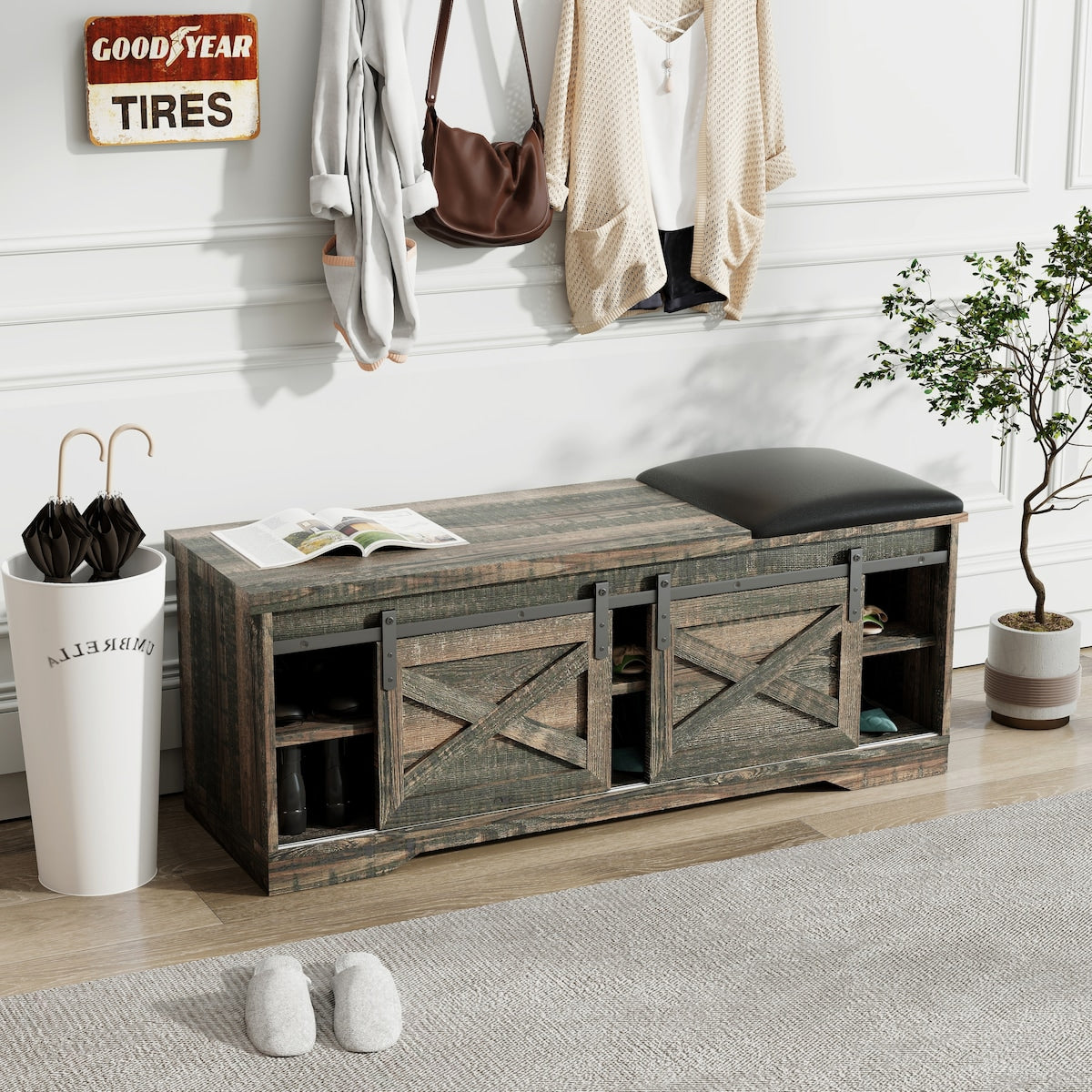 47 Inch Modern Farmhouse Sliding X Barn Door Litterbox Bench with Entry Cutout, Shoe Bench