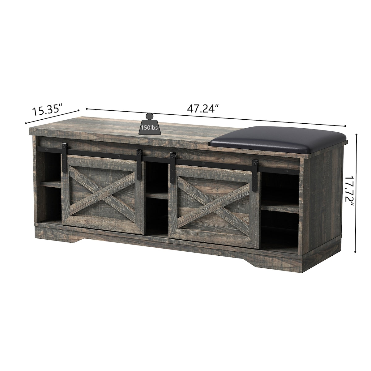 47 Inch Modern Farmhouse Sliding X Barn Door Litterbox Bench with Entry Cutout, Shoe Bench