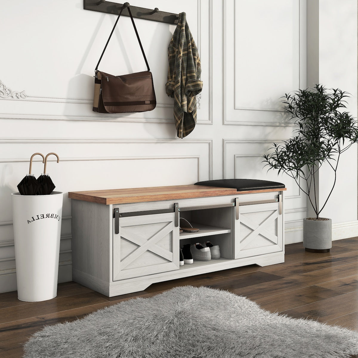 47 Inch Modern Farmhouse Sliding X Barn Door Litterbox Bench with Entry Cutout, Shoe Bench