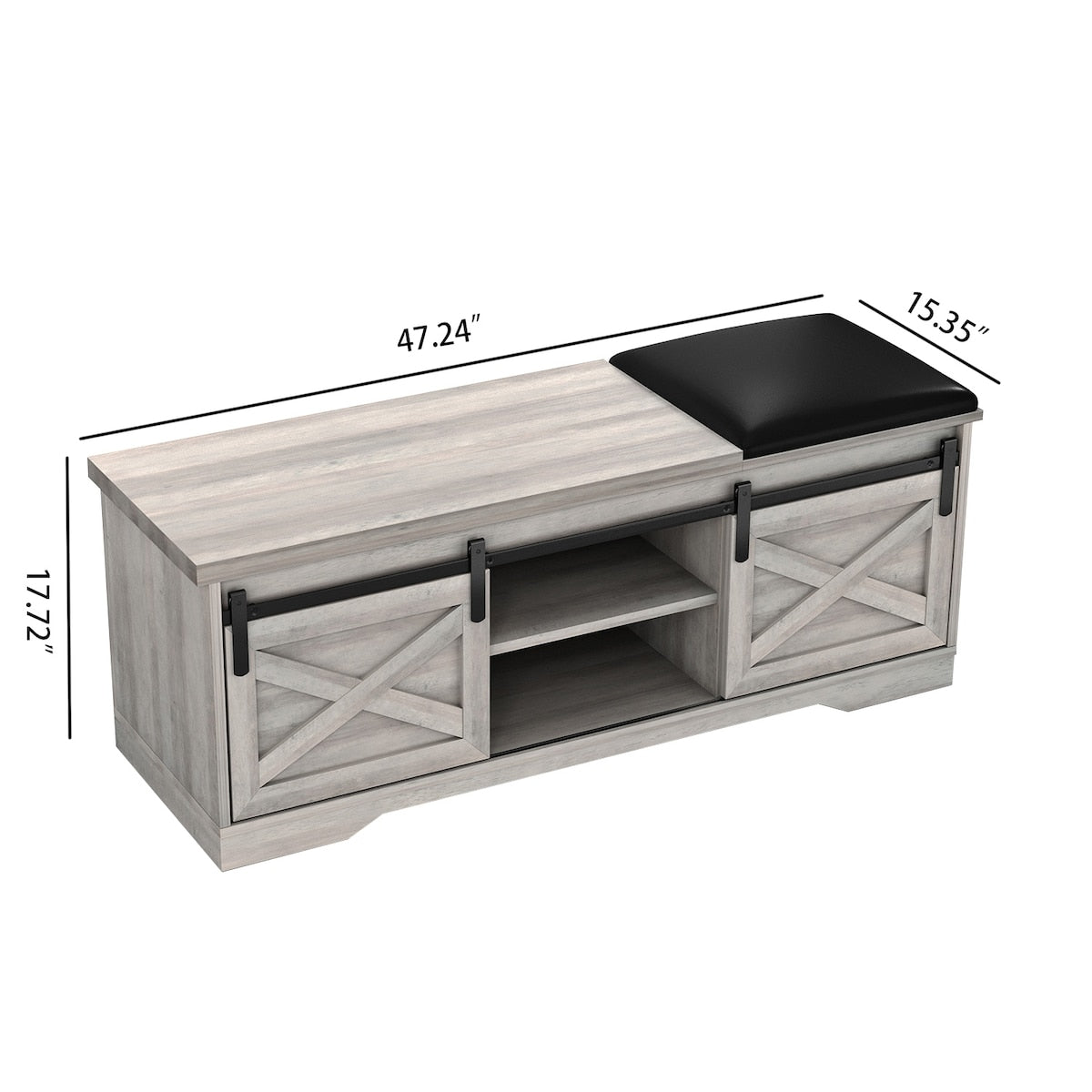 47 Inch Modern Farmhouse Sliding X Barn Door Litterbox Bench with Entry Cutout, Shoe Bench