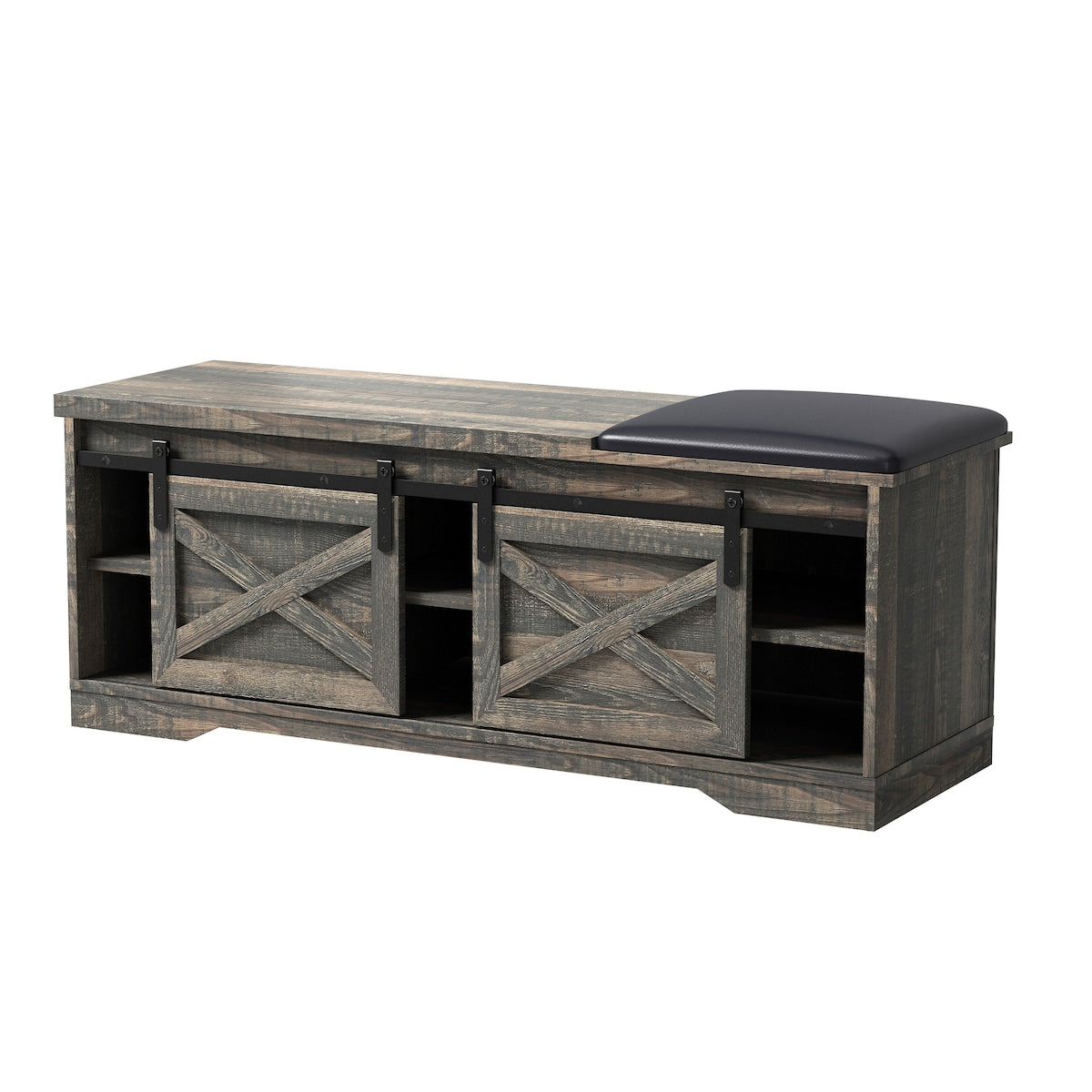 47 Inch Modern Farmhouse Sliding X Barn Door Litterbox Bench with Entry Cutout, Shoe Bench