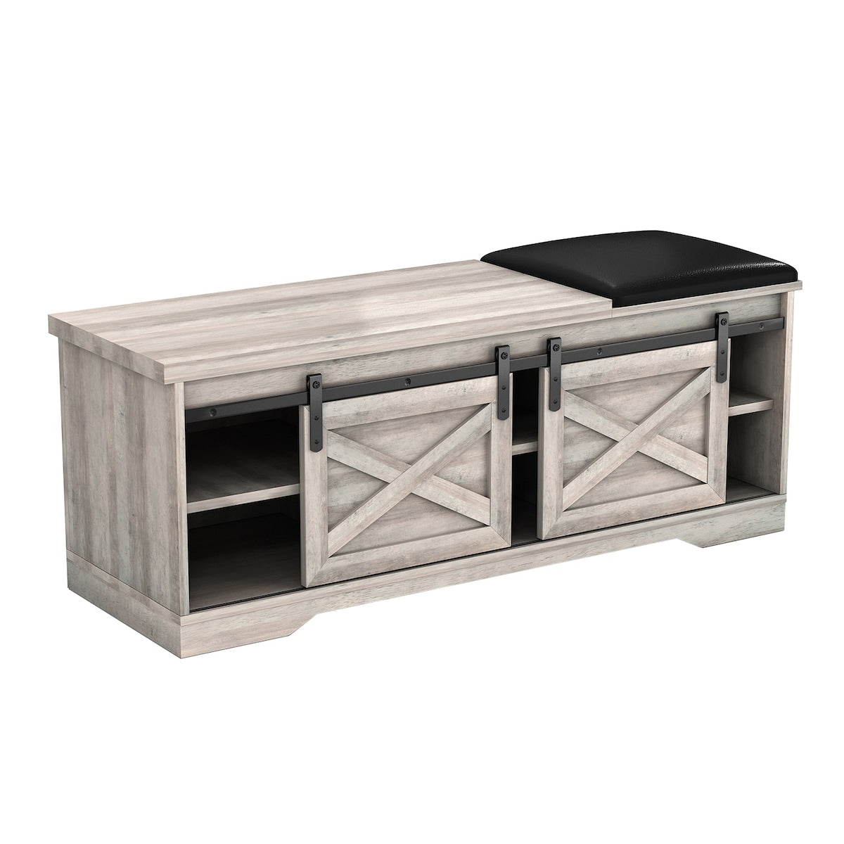 47 Inch Modern Farmhouse Sliding X Barn Door Litterbox Bench with Entry Cutout, Shoe Bench
