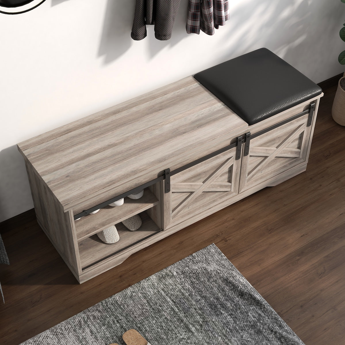 47 Inch Modern Farmhouse Sliding X Barn Door Litterbox Bench with Entry Cutout, Shoe Bench