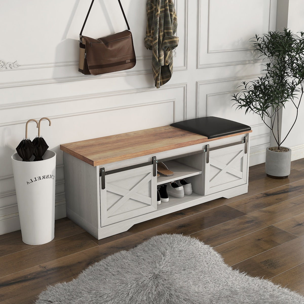 47 Inch Modern Farmhouse Sliding X Barn Door Litterbox Bench with Entry Cutout, Shoe Bench