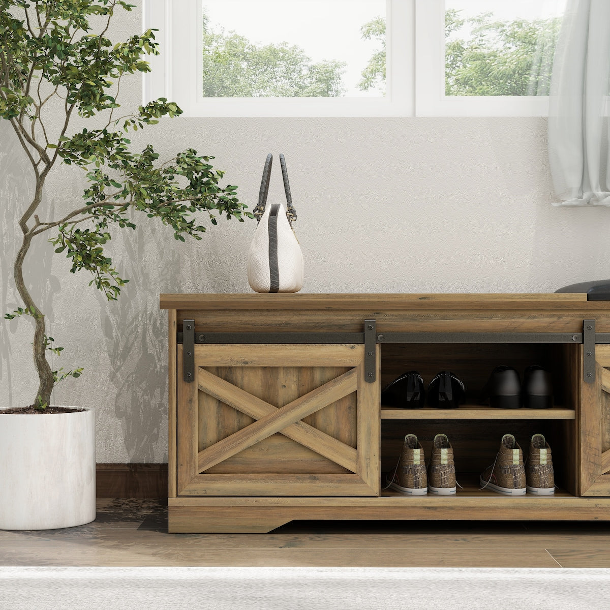 47 Inch Modern Farmhouse Sliding X Barn Door Litterbox Bench with Entry Cutout, Shoe Bench