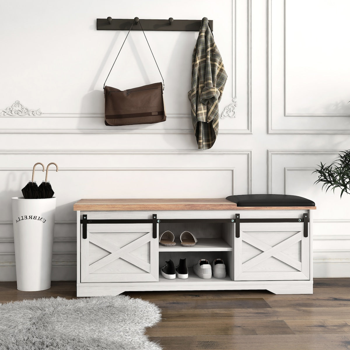 47 Inch Modern Farmhouse Sliding X Barn Door Litterbox Bench with Entry Cutout, Shoe Bench
