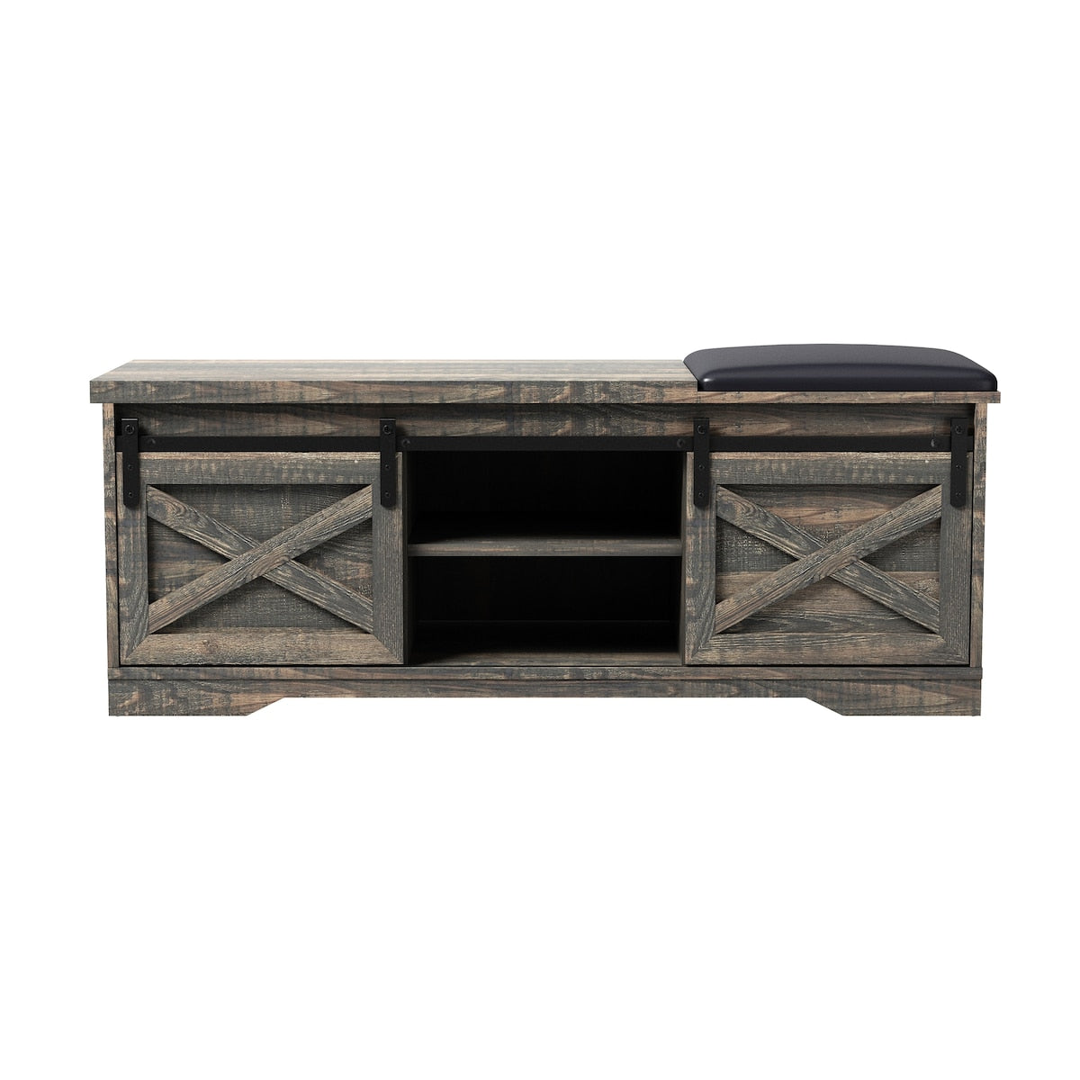 47 Inch Modern Farmhouse Sliding X Barn Door Litterbox Bench with Entry Cutout, Shoe Bench