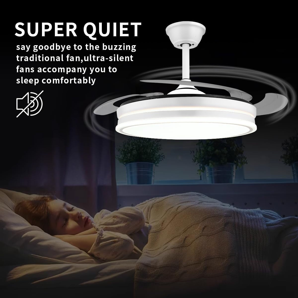 47 Inch Retractable Ceiling Fans with Lights, Modern LED Ceiling Fan Lights with Remote Control