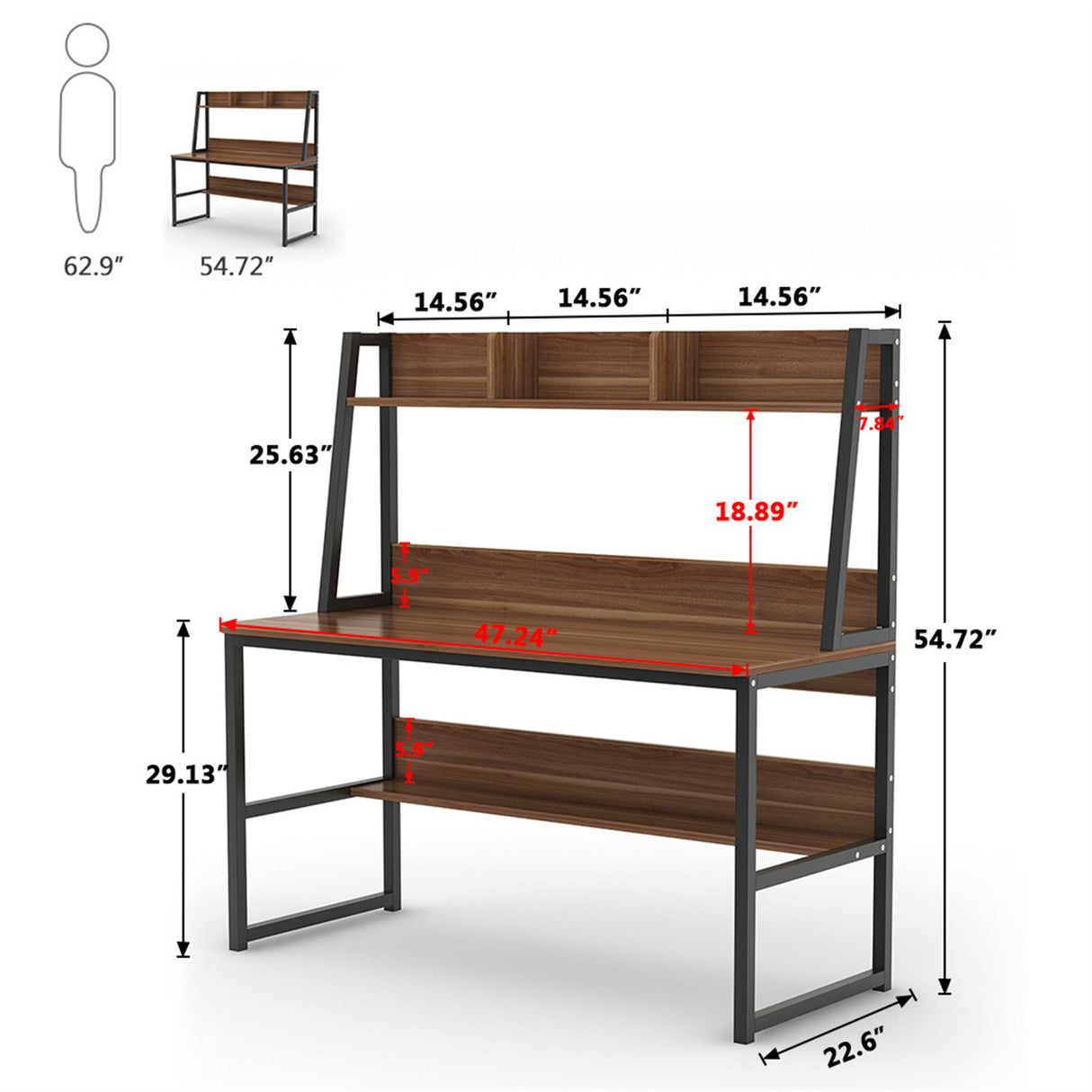 47 Inches Computer Desk with Hutch and Bookshelf, Home Office Desk