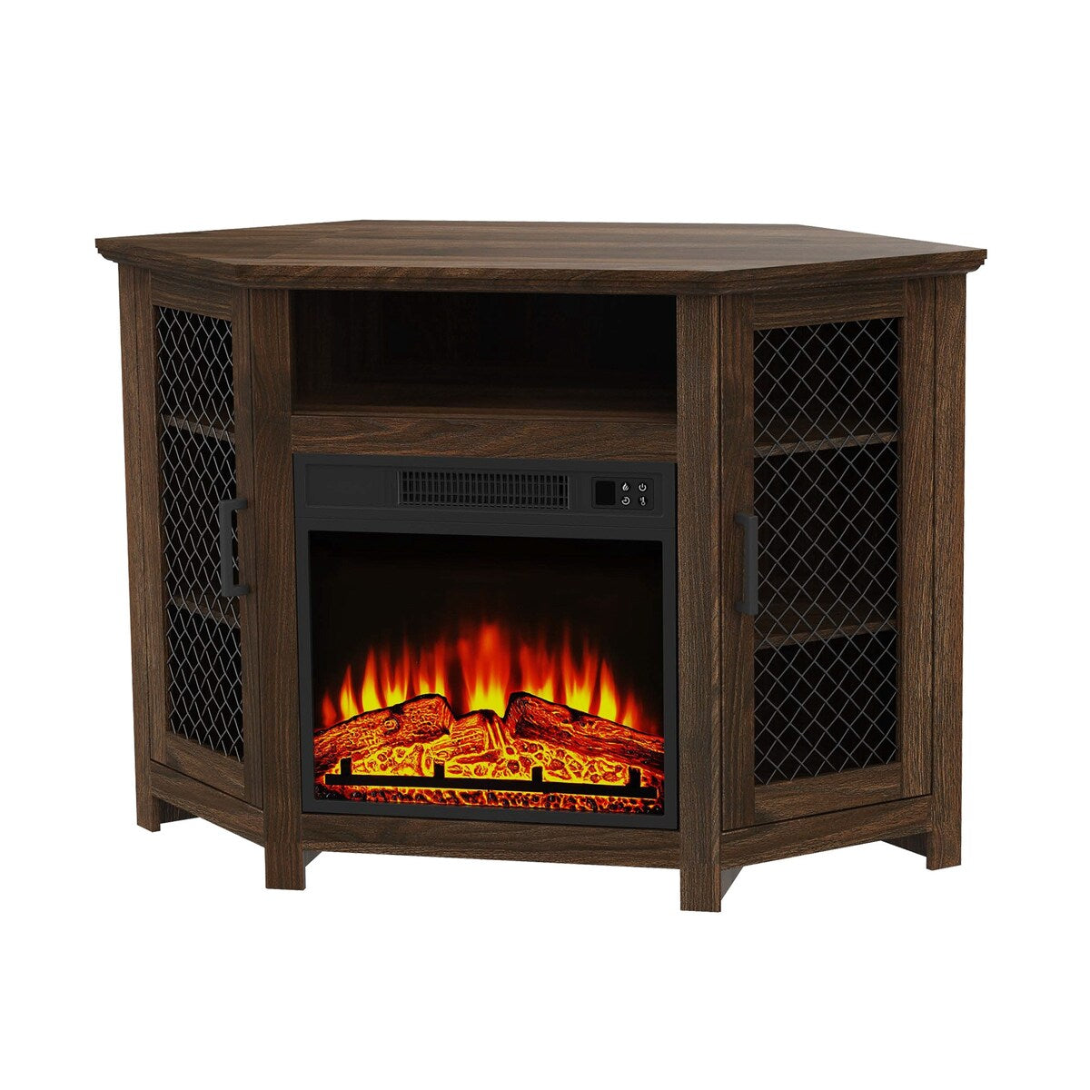 45" Industrial Corner Electric Fireplace TV Stands with 2 Metal Mesh Doors and Remote