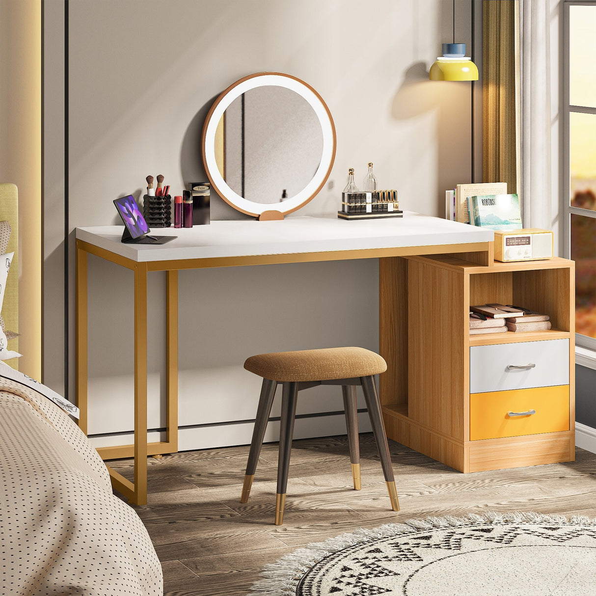 47 inch Modern Computer Desk with Two Drawers and Storage Shelves