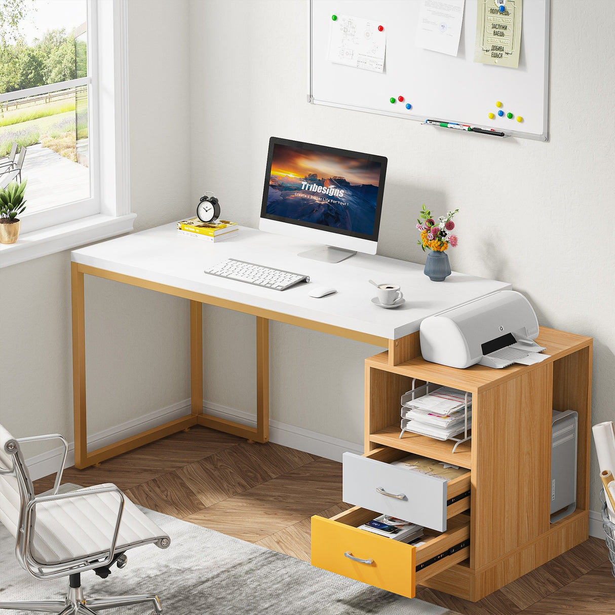 47 inch Modern Computer Desk with Two Drawers and Storage Shelves