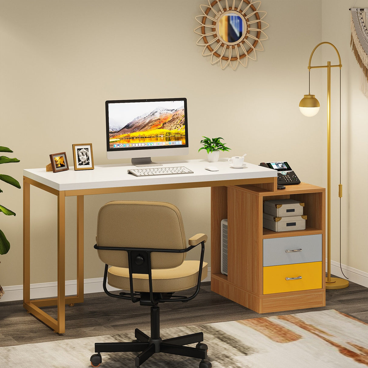 47 inch Modern Computer Desk with Two Drawers and Storage Shelves