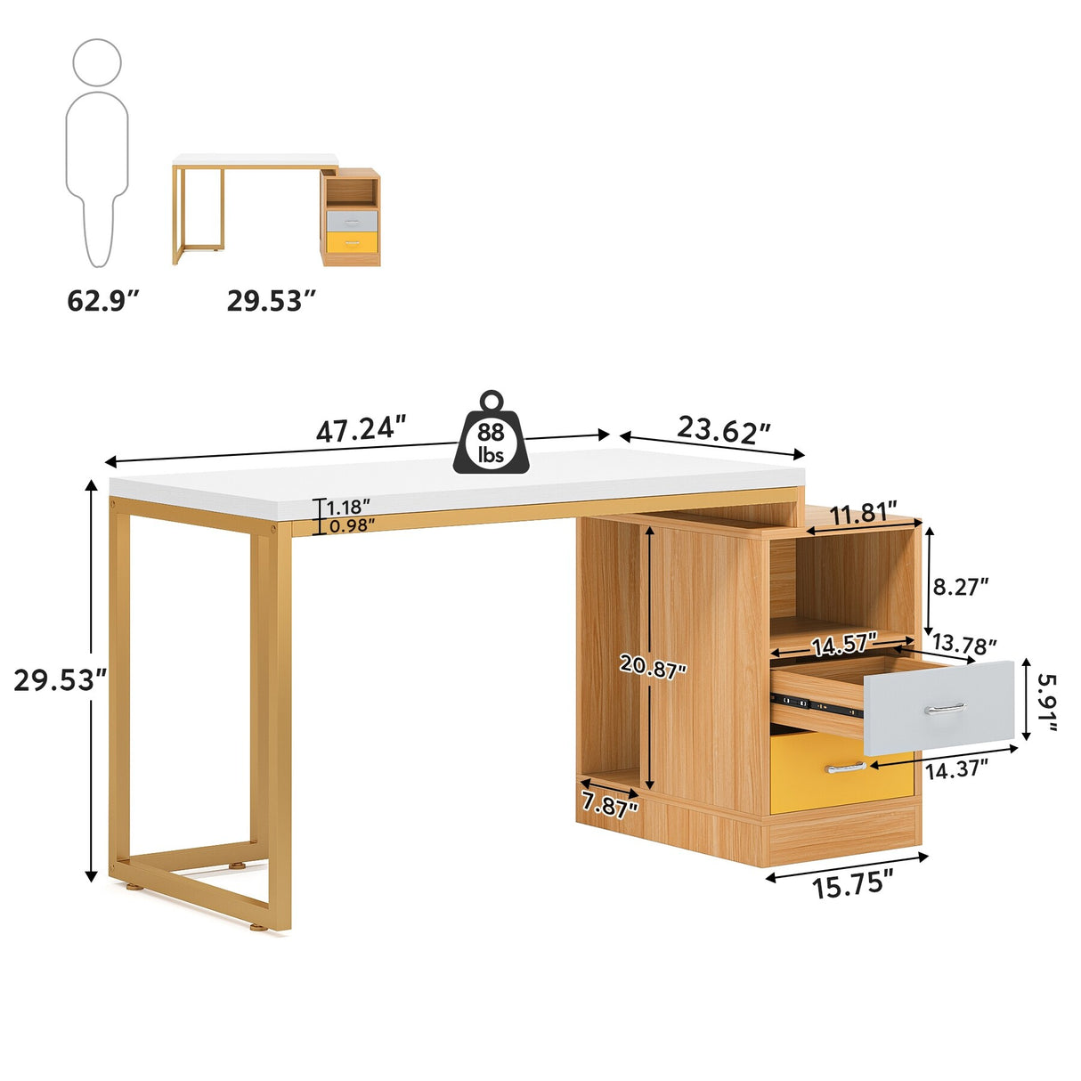 47 inch Modern Computer Desk with Two Drawers and Storage Shelves