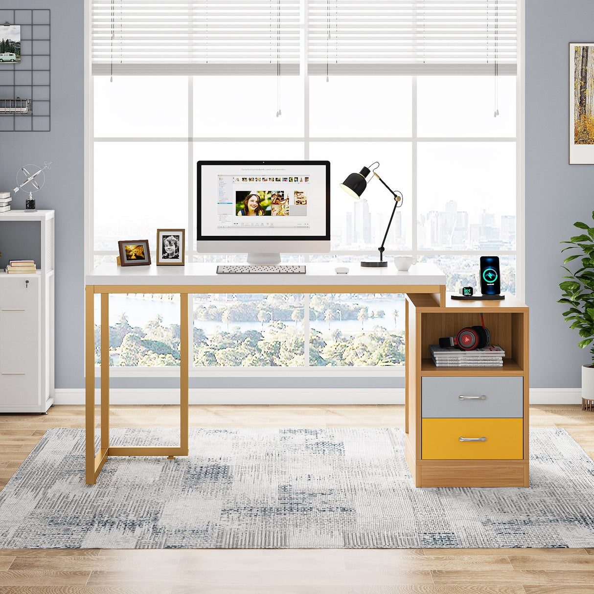 47 inch Modern Computer Desk with Two Drawers and Storage Shelves