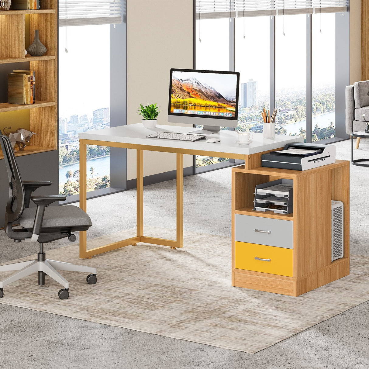 47 inch Modern Computer Desk with Two Drawers and Storage Shelves