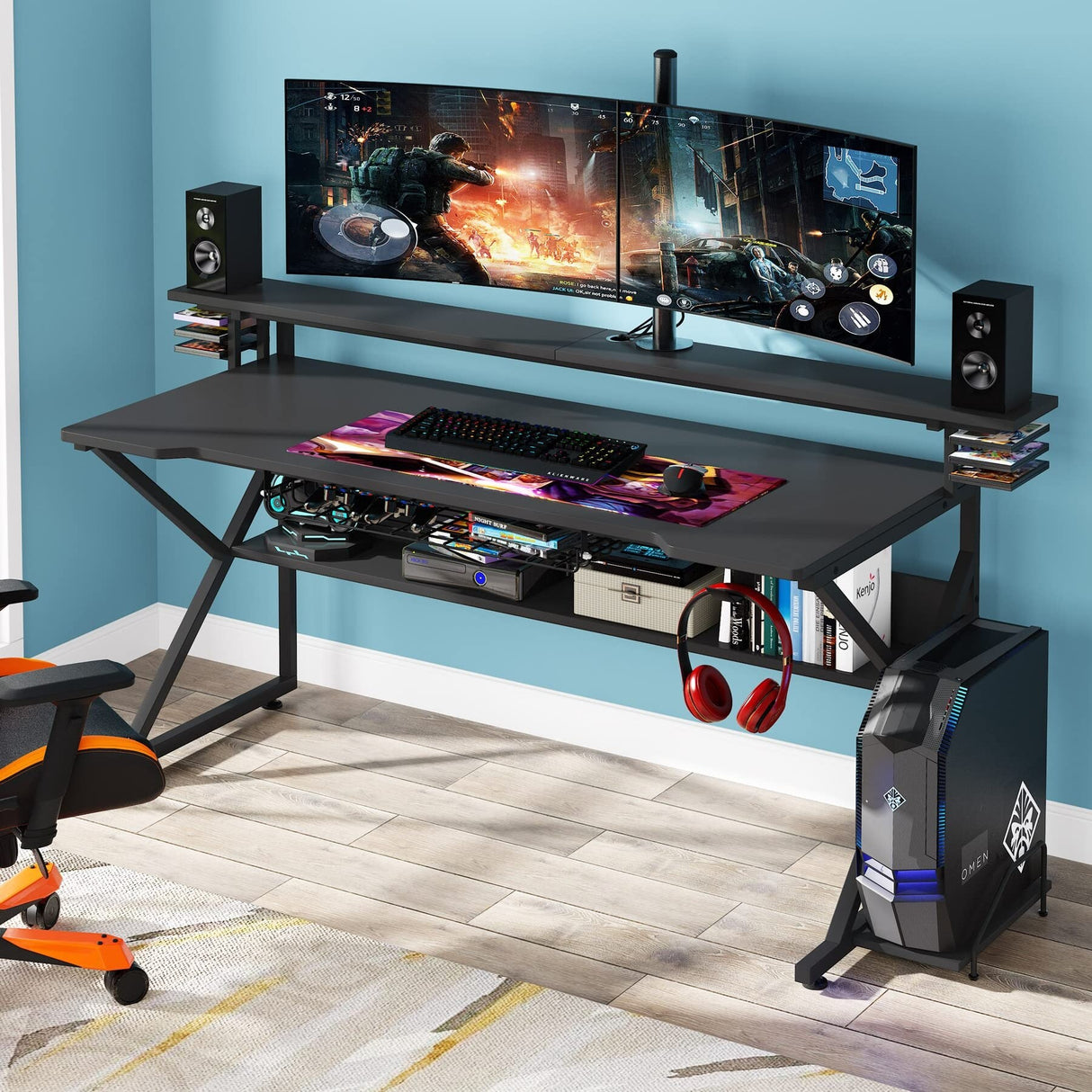 47 inche Computer Desk with Storage Shelf and Monitors Shelf, Gaming Gamer Desk