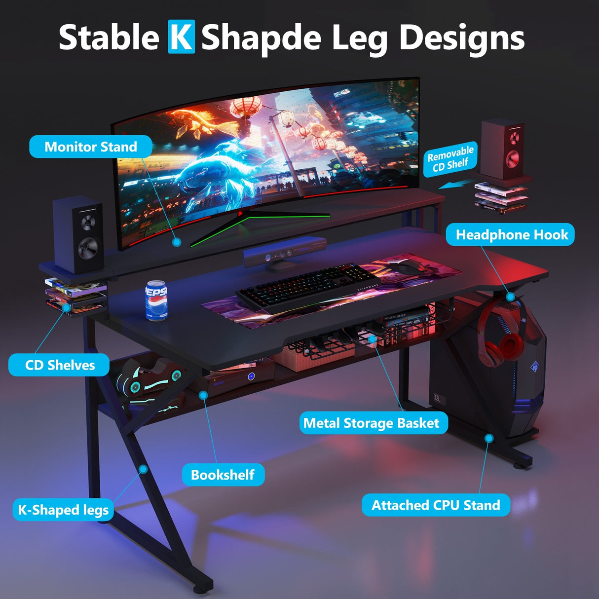 47 inche Computer Desk with Storage Shelf and Monitors Shelf, Gaming Gamer Desk