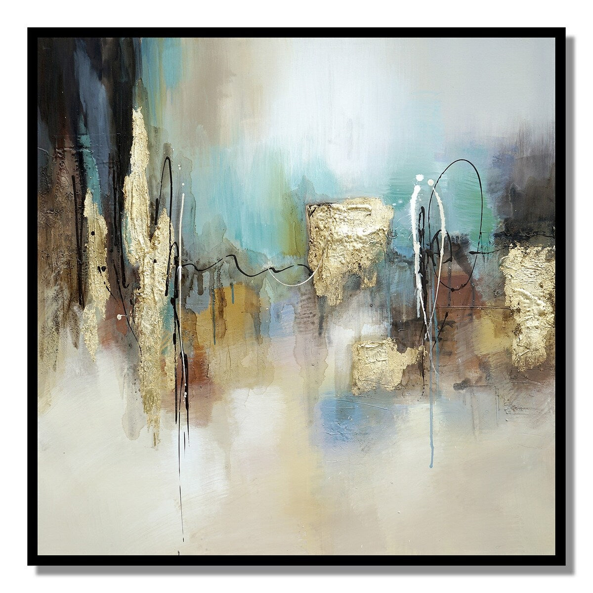 47 x 47 Hand Painted Abstract Design, Gold Foil, Black Frame, Blue, Gold - Blue, Gold, Black, Gray