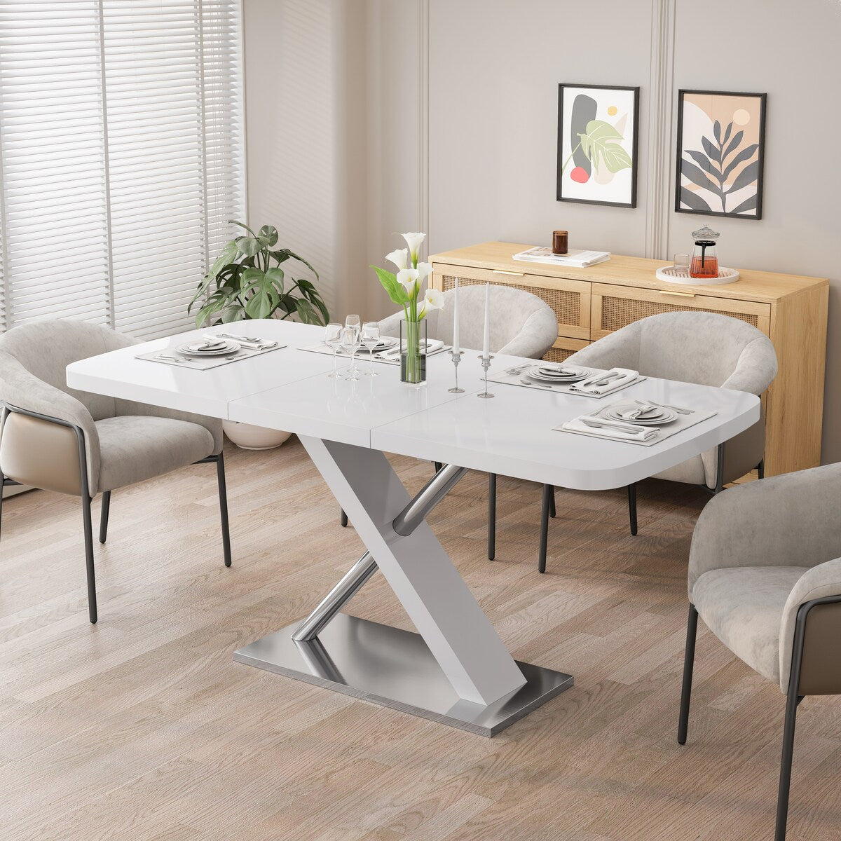 47.25"-63" Glossy Dining Table for 4-6 People, Extendable Dining Table with Crossed Metal Base and Stainless Steel Tubes