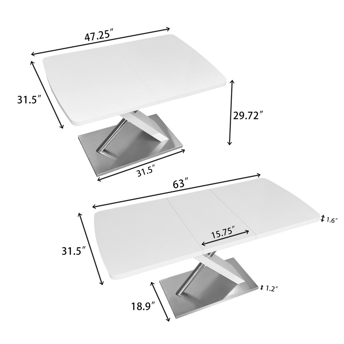 47.25"-63" Glossy Dining Table for 4-6 People, Extendable Dining Table with Crossed Metal Base and Stainless Steel Tubes